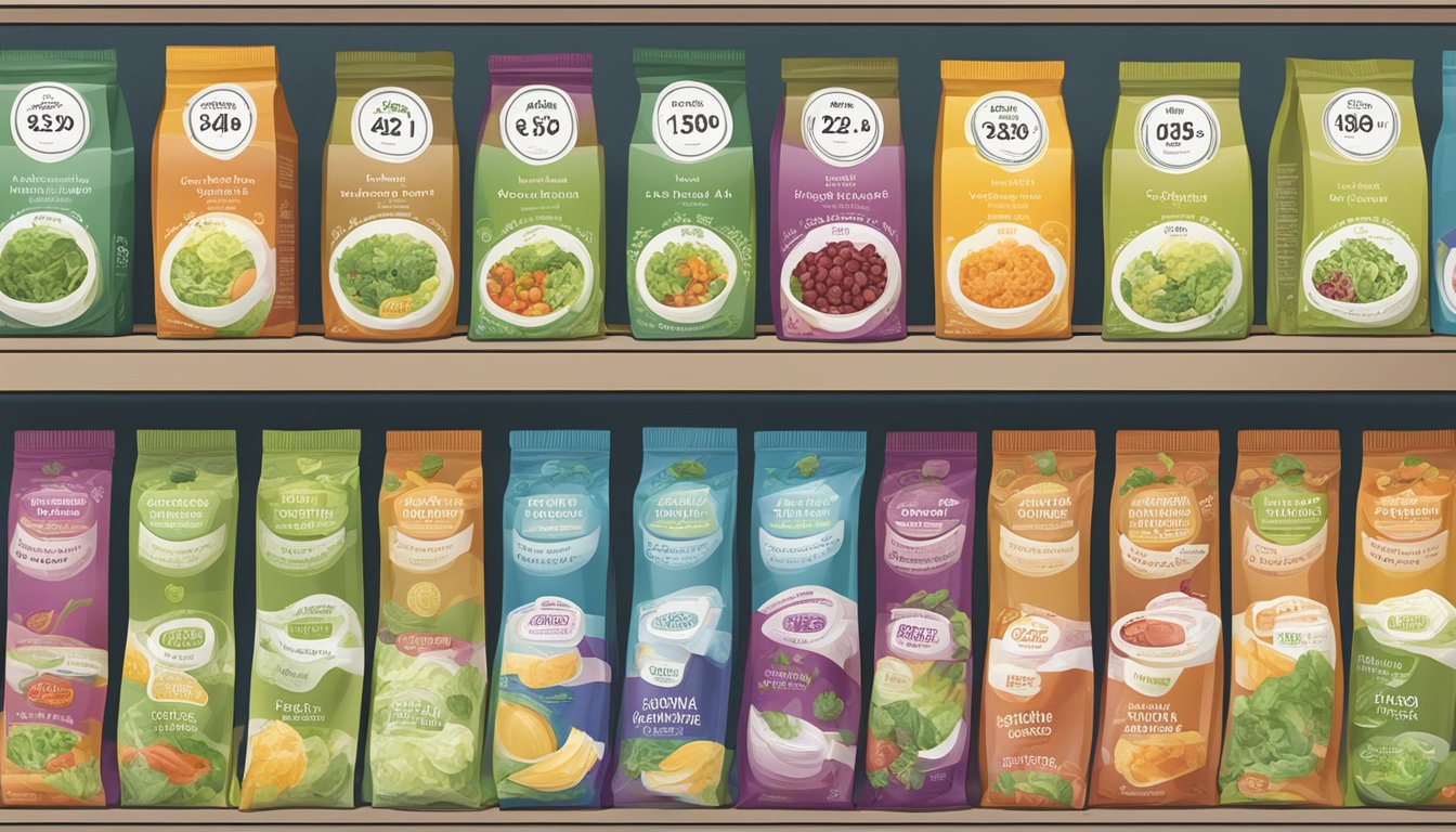 A variety of salad kits arranged on a shelf, with expiration dates clearly labeled