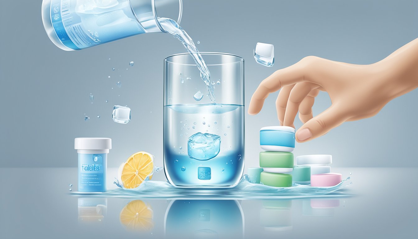 A hand placing a water purification tablet into a clear glass of water, with various brands and product variations of tablets displayed in the background