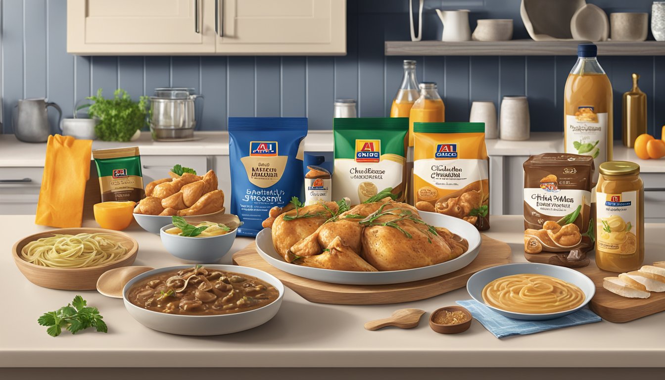 A colorful display of Aldi's specially selected chicken marsala and complementary products on a kitchen counter