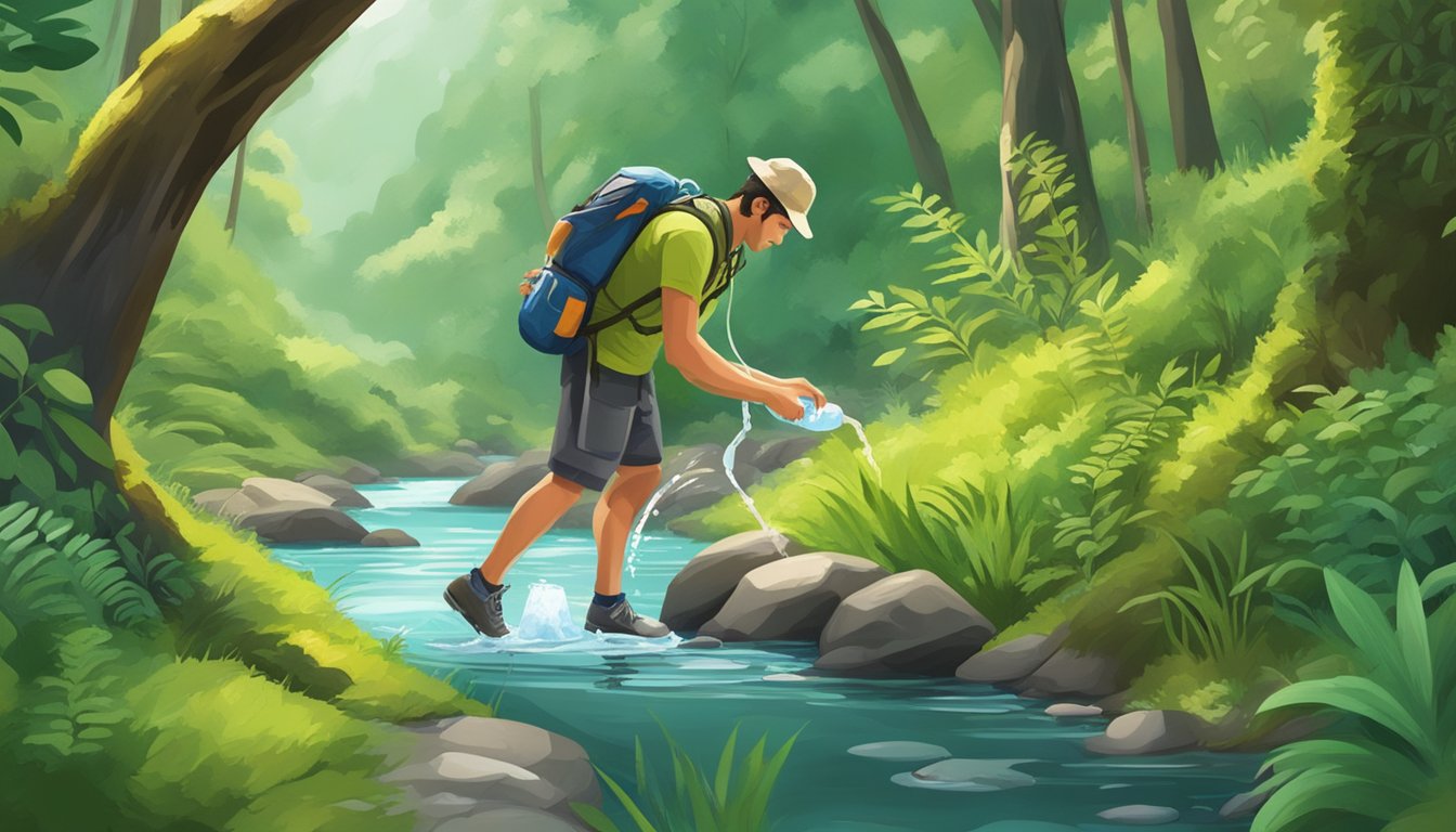 A backpacker drops water purification tablets into a clear stream, surrounded by lush vegetation and wildlife