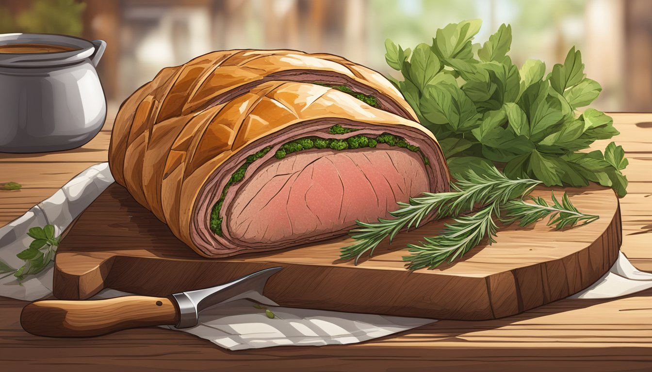 A perfectly cooked Beef Wellington sits on a rustic wooden cutting board, surrounded by fresh herbs and garnishes