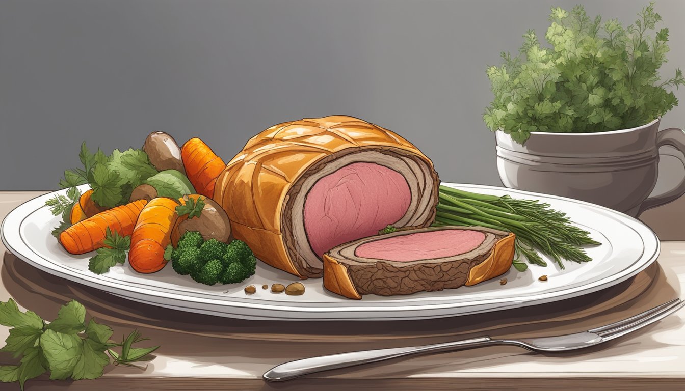 A beautifully presented Beef Wellington sits on a white porcelain platter, garnished with herbs and surrounded by roasted vegetables