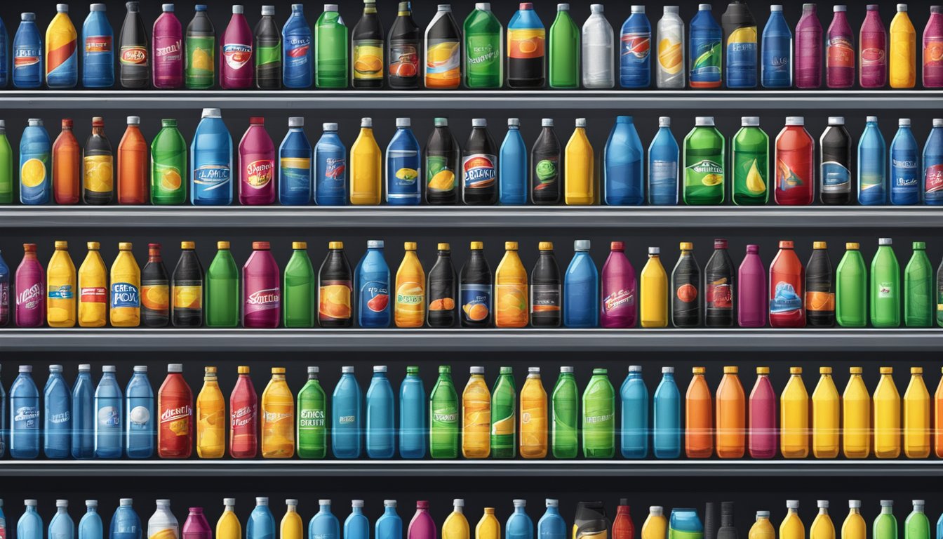 A shelf with various sports drink bottles lined up, some with condensation, in a cool, dark storage room