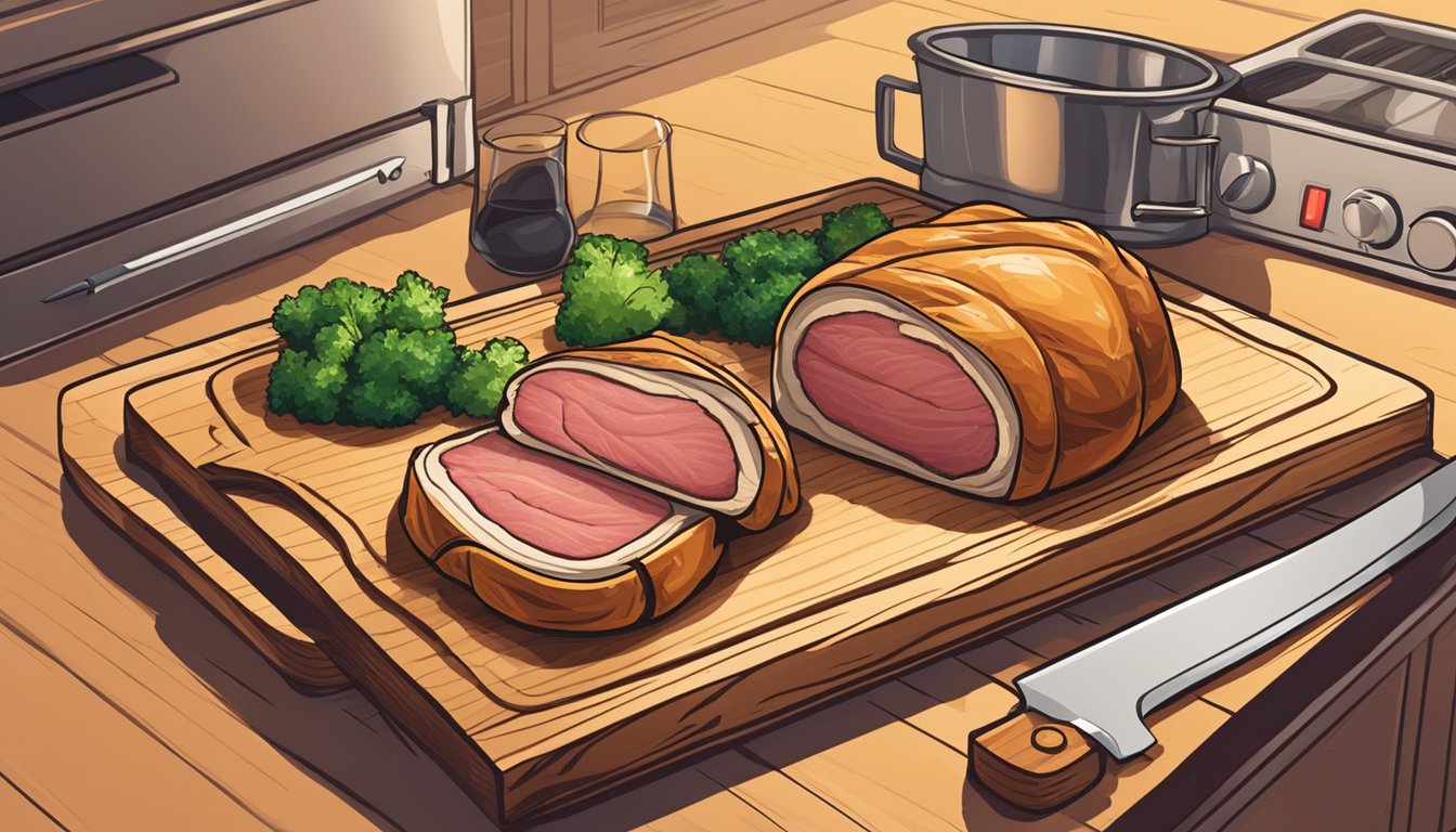 A beef wellington sits on a wooden cutting board with a knife beside it. The oven is preheated and ready for cooking