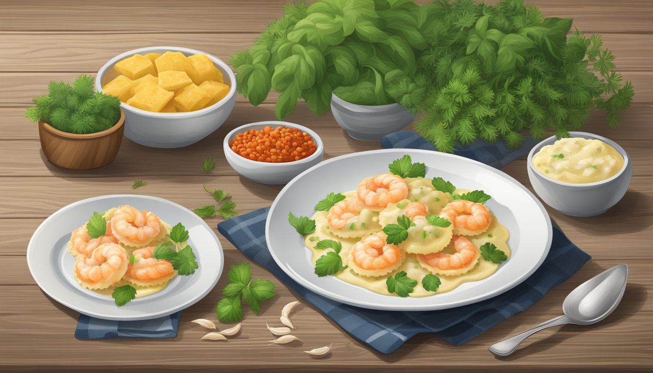 A plate of Aldi's Specially Selected shrimp and crab ravioli sits on a rustic wooden table, surrounded by fresh herbs and a scattering of black pepper