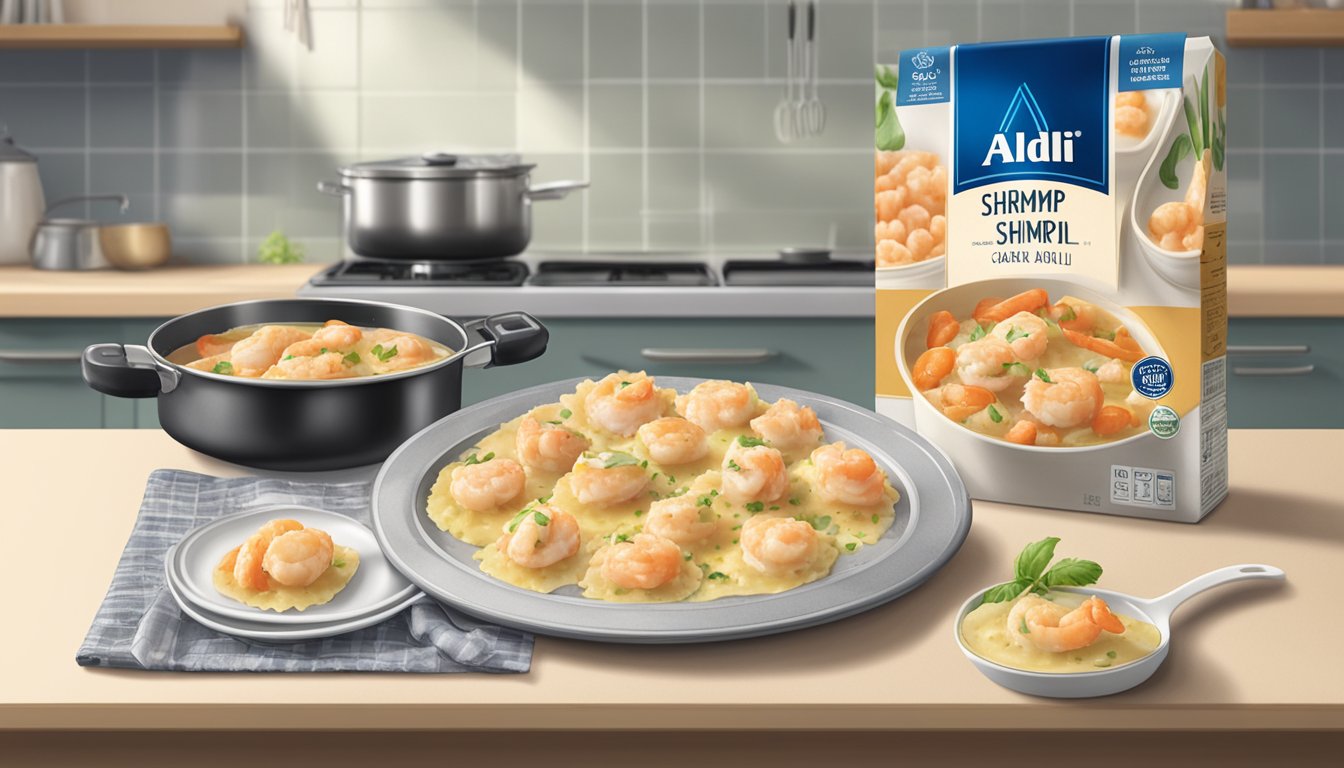 A package of Aldi's specially selected shrimp and crab ravioli sits on a kitchen countertop, surrounded by cooking utensils and a pot of boiling water