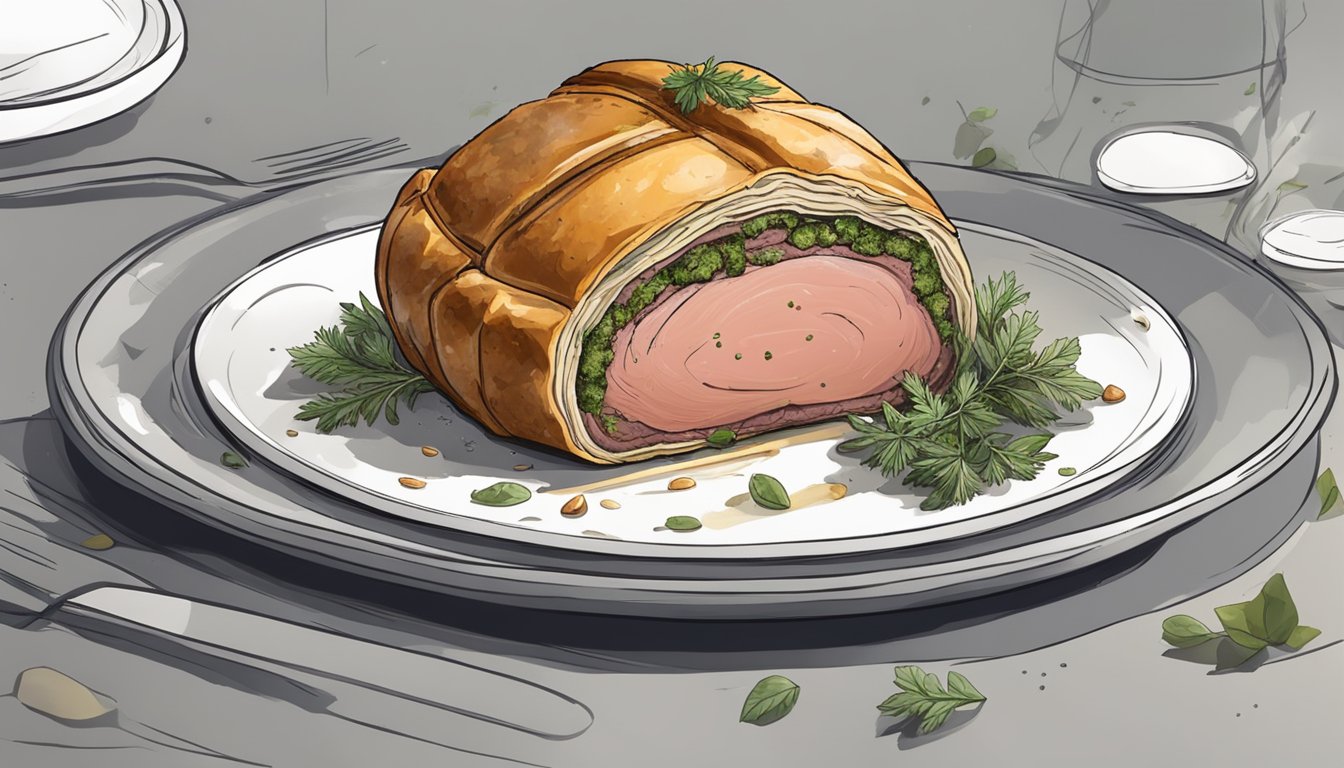 A beef wellington sits on a plate, surrounded by wilted herbs and a moldy aroma. The pastry is discolored and the meat appears gray and slimy