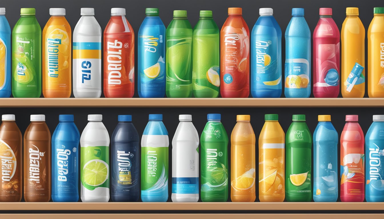 A shelf of sports drinks with varying expiration dates, surrounded by safety and health guidelines