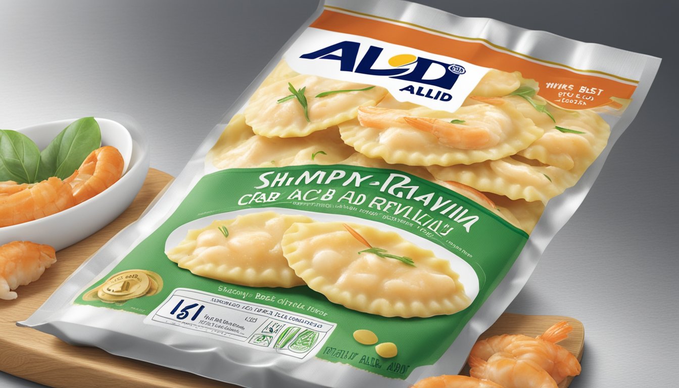 A package of Aldi's specially selected shrimp and crab ravioli stored in a pantry, with a "best by" date clearly visible on the packaging