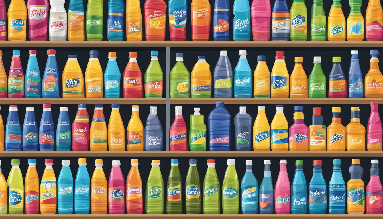 A colorful array of sports drink bottles lined up on a shelf with expiration dates clearly visible