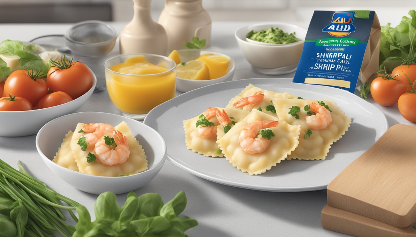 A package of Aldi's specially selected shrimp and crab ravioli sits on a kitchen counter, surrounded by fresh ingredients and a nutrition label