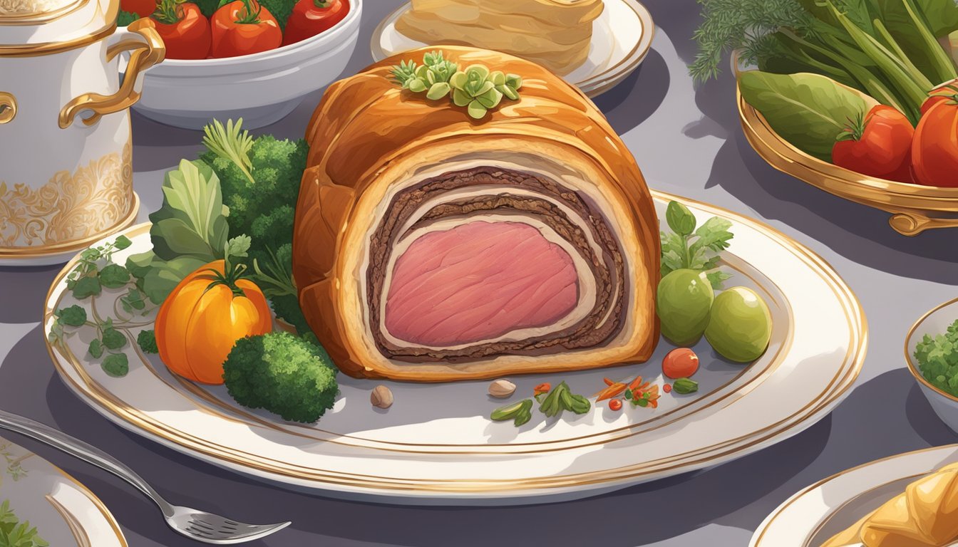 A succulent beef wellington sits on a porcelain platter, surrounded by vibrant vegetables and herbs. The golden pastry glistens under warm lighting, exuding an air of luxury and indulgence