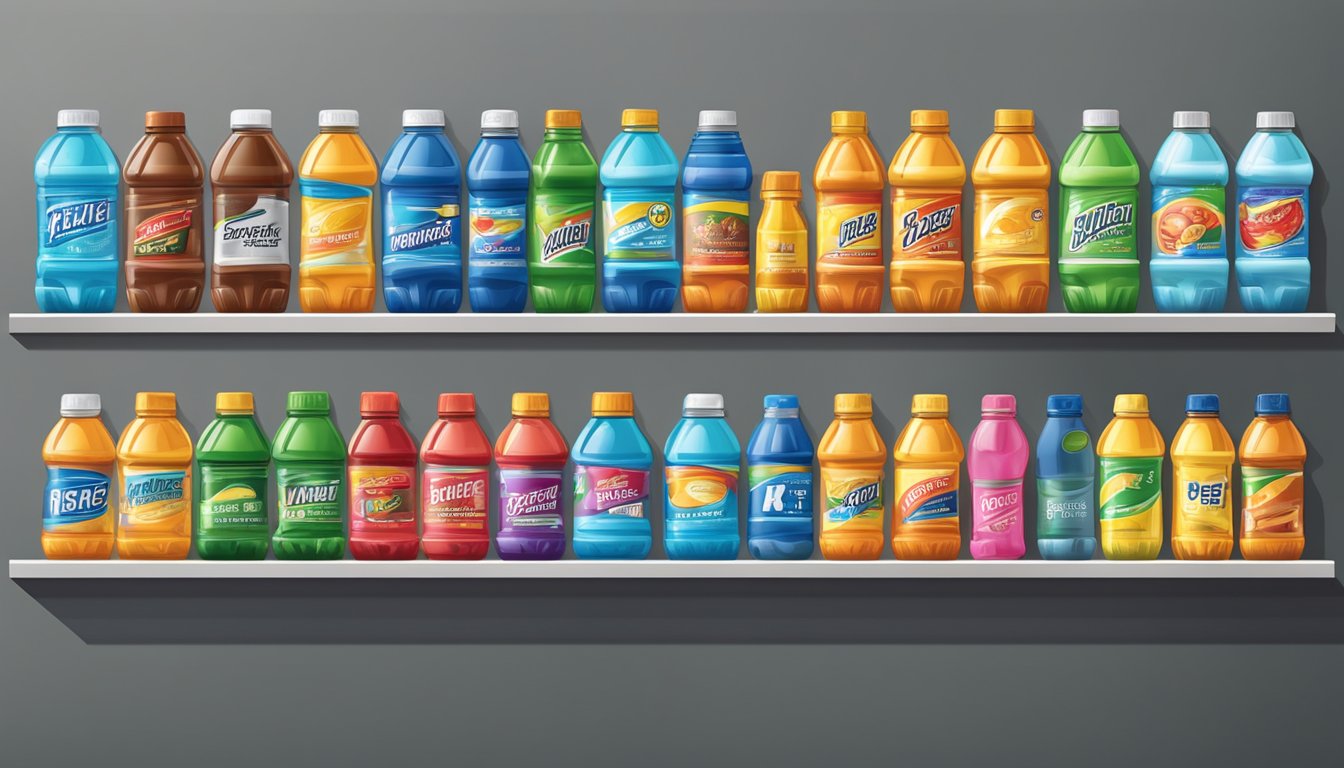 A collection of sports drink bottles arranged on a shelf, with expiration dates clearly visible