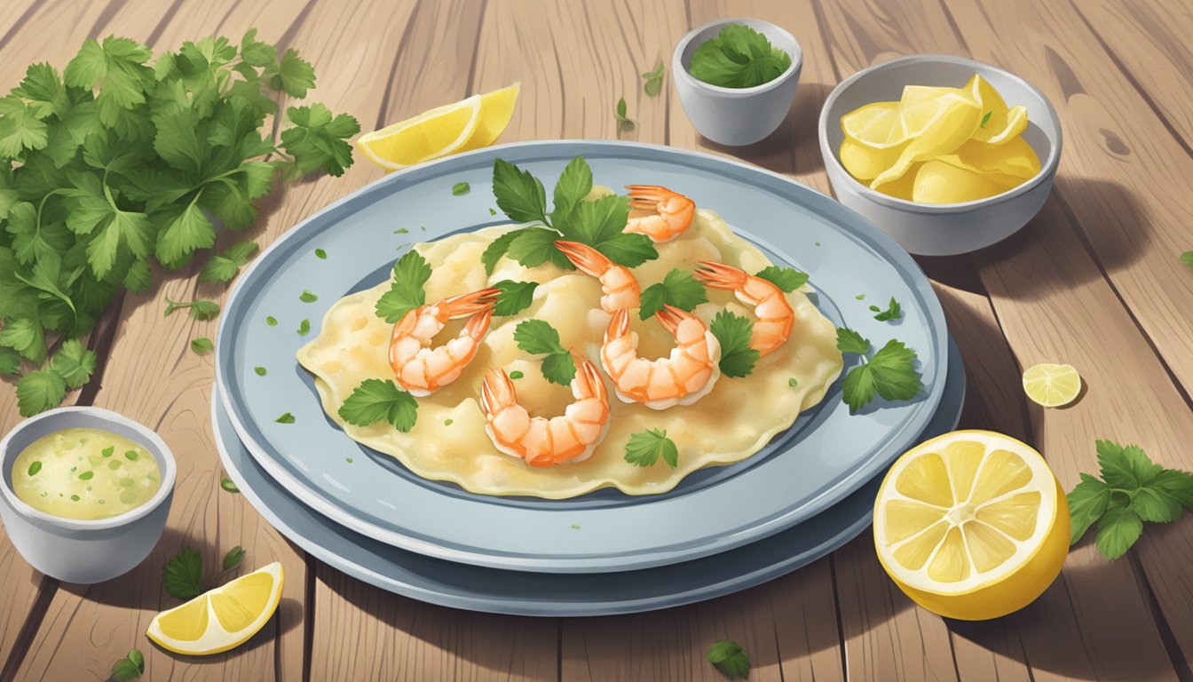 A plate of Aldi's specially selected shrimp and crab ravioli sits on a rustic wooden table, surrounded by fresh herbs and a scattering of lemon slices