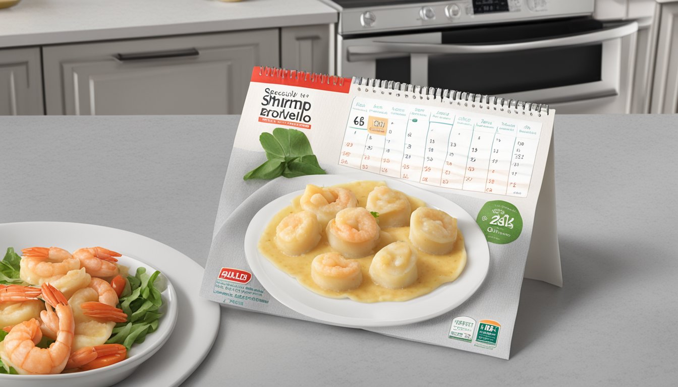 A package of Aldi's specially selected shrimp and crab ravioli sits on a kitchen counter, with a calendar showing the current date and an expiration date circled in red