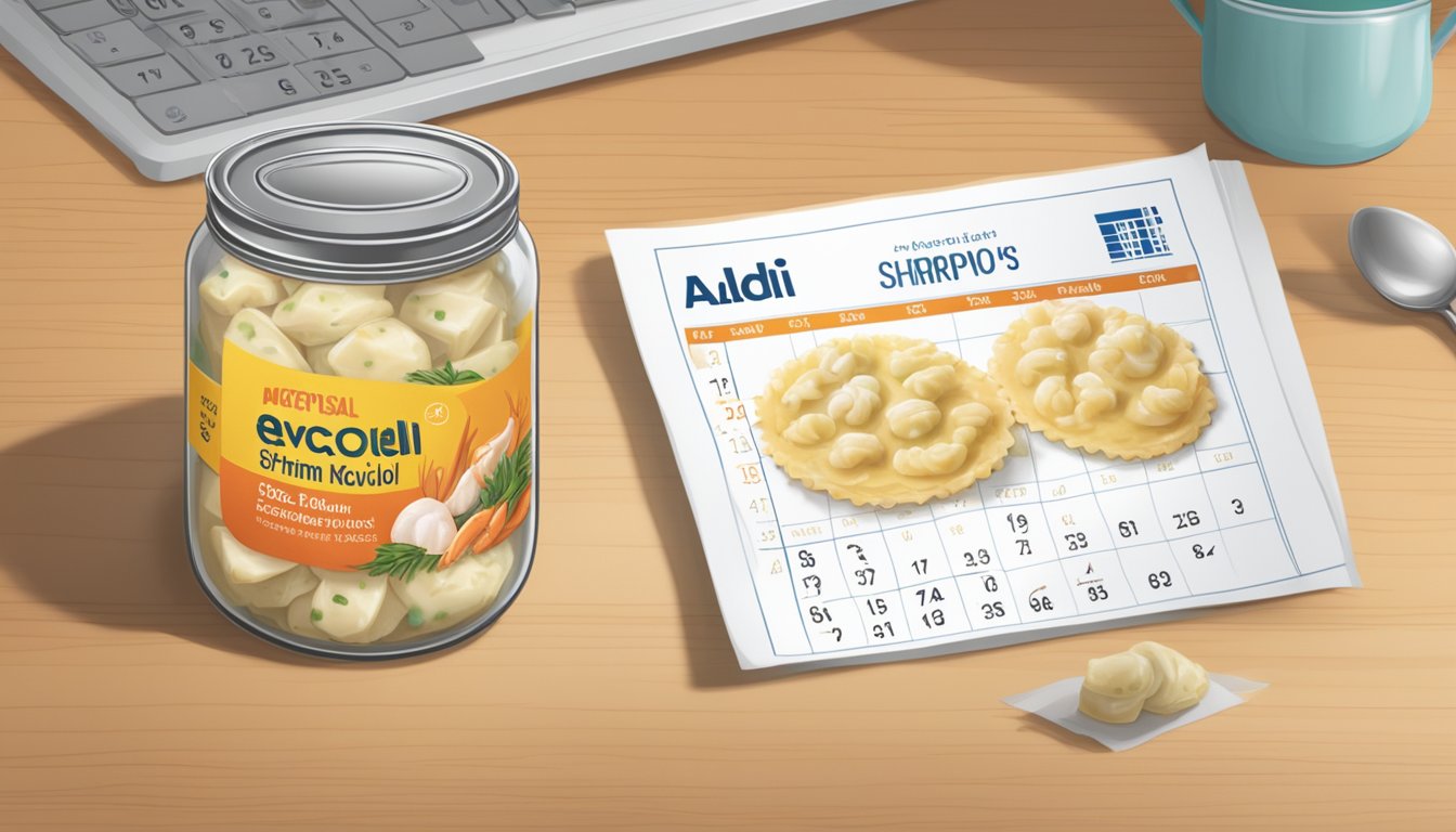 A jar of Aldi's Specially Selected shrimp and crab ravioli sits on a kitchen counter next to a calendar showing the expiration date