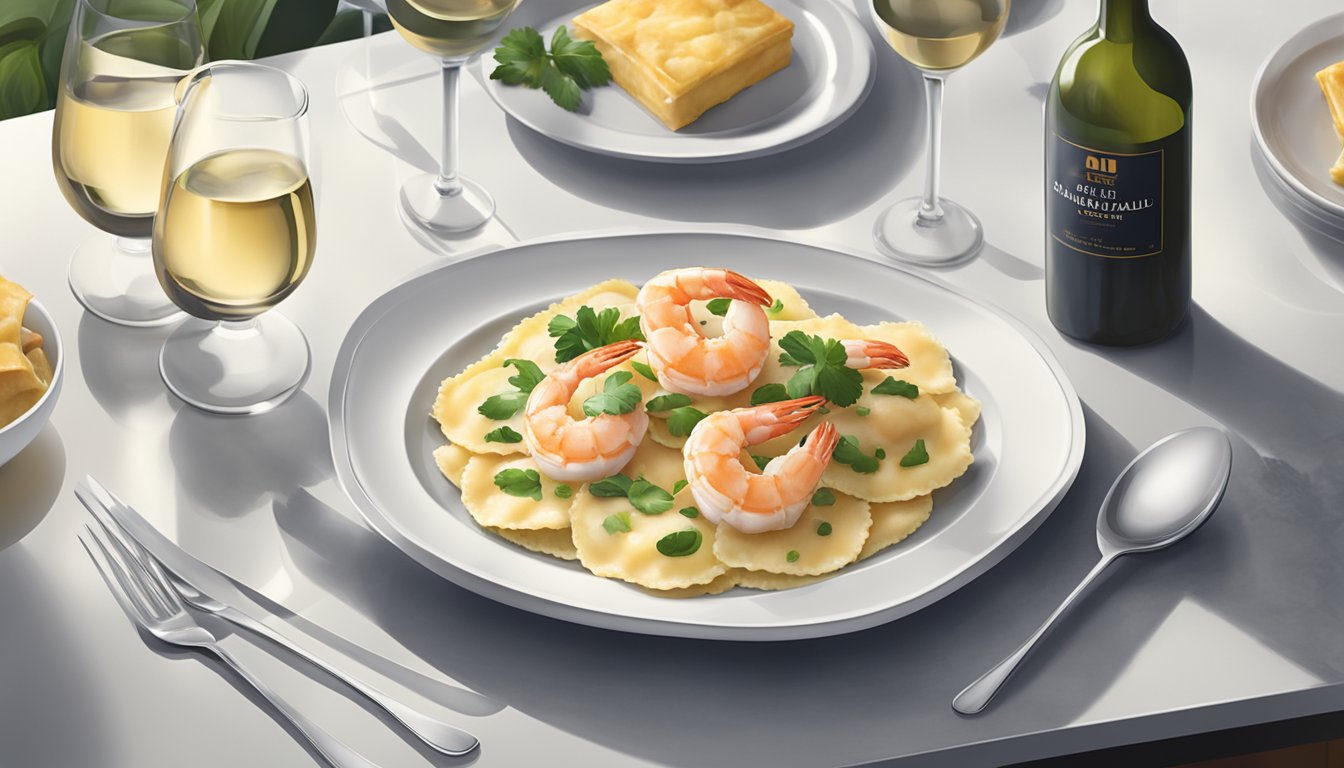 A plate of Aldi's specially selected shrimp and crab ravioli sits on a modern, clean table, surrounded by elegant cutlery and a glass of wine