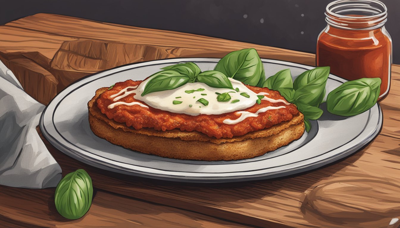 A plate of Aldi's specially selected eggplant parmesan sits on a rustic wooden table, surrounded by fresh basil leaves and a drizzle of marinara sauce