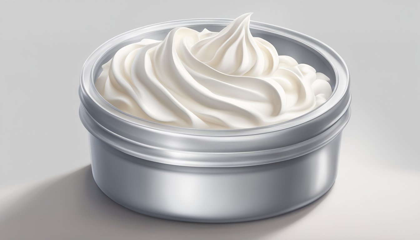 A tub of whipped cream sits on a clean, white countertop, its lid slightly ajar. The creamy white substance inside is smooth and fluffy, with a light, airy texture