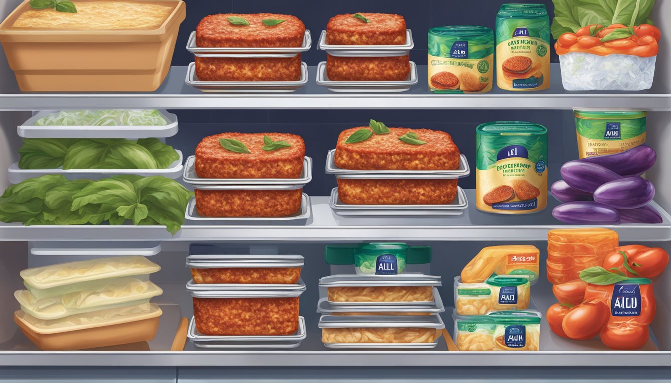 A carton of Aldi's Specially Selected Eggplant Parmesan sitting on a refrigerator shelf, surrounded by other frozen items