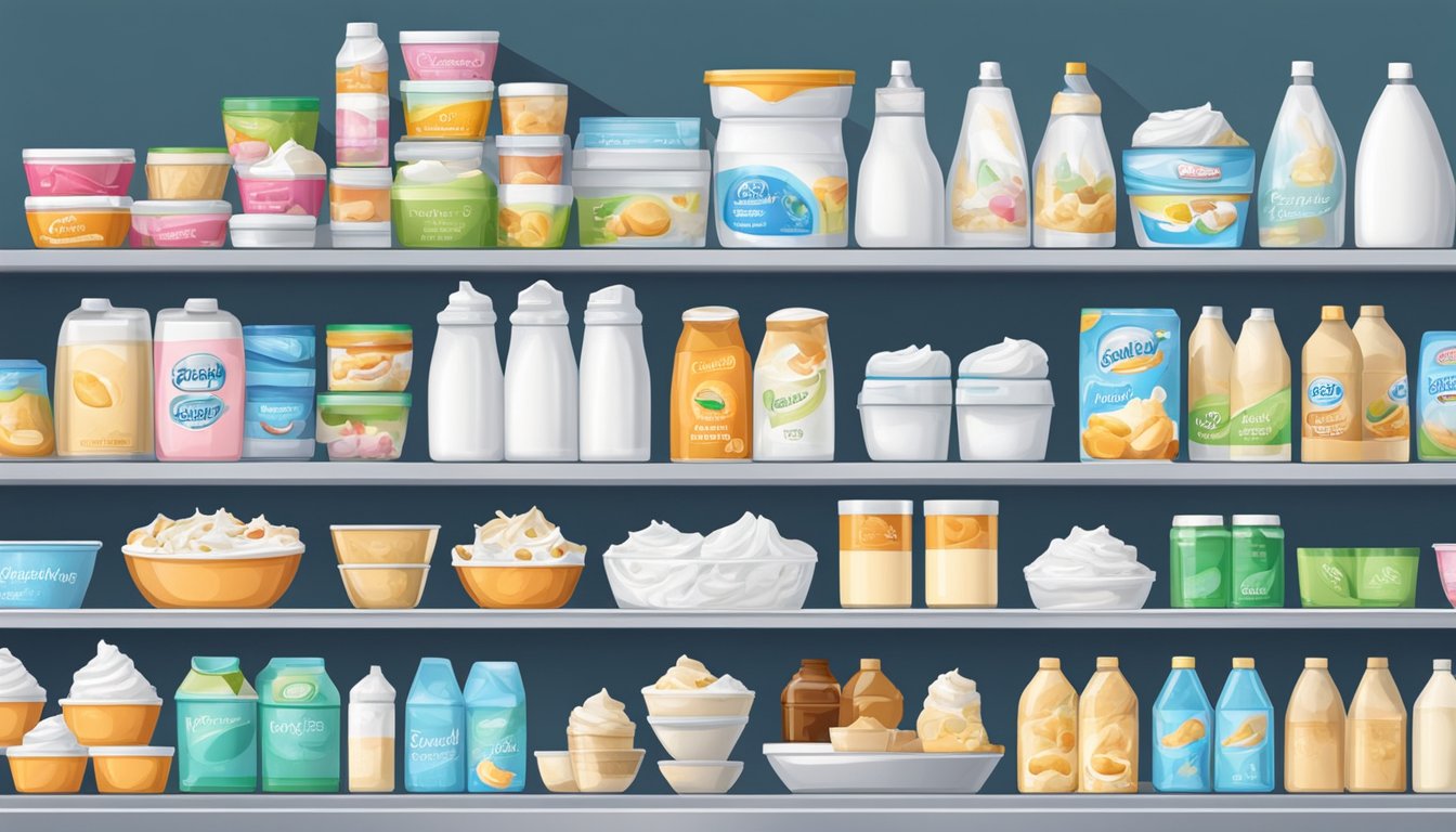 A stack of whipped cream tubs on a shelf, with varying levels of product inside, surrounded by other dairy products in a refrigerator