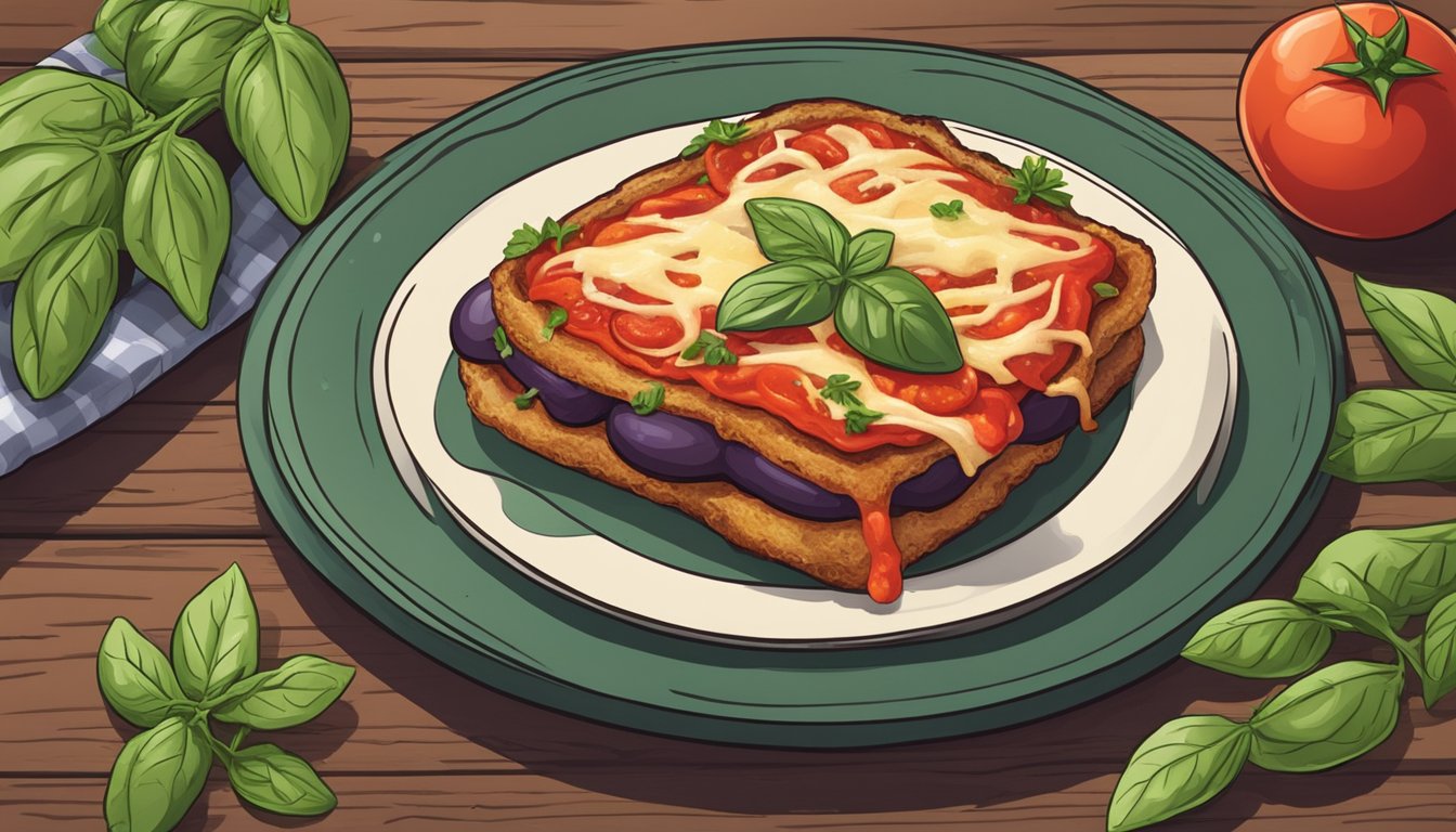 A freshly baked eggplant parmesan sits on a rustic wooden table, surrounded by vibrant tomatoes and fragrant basil leaves