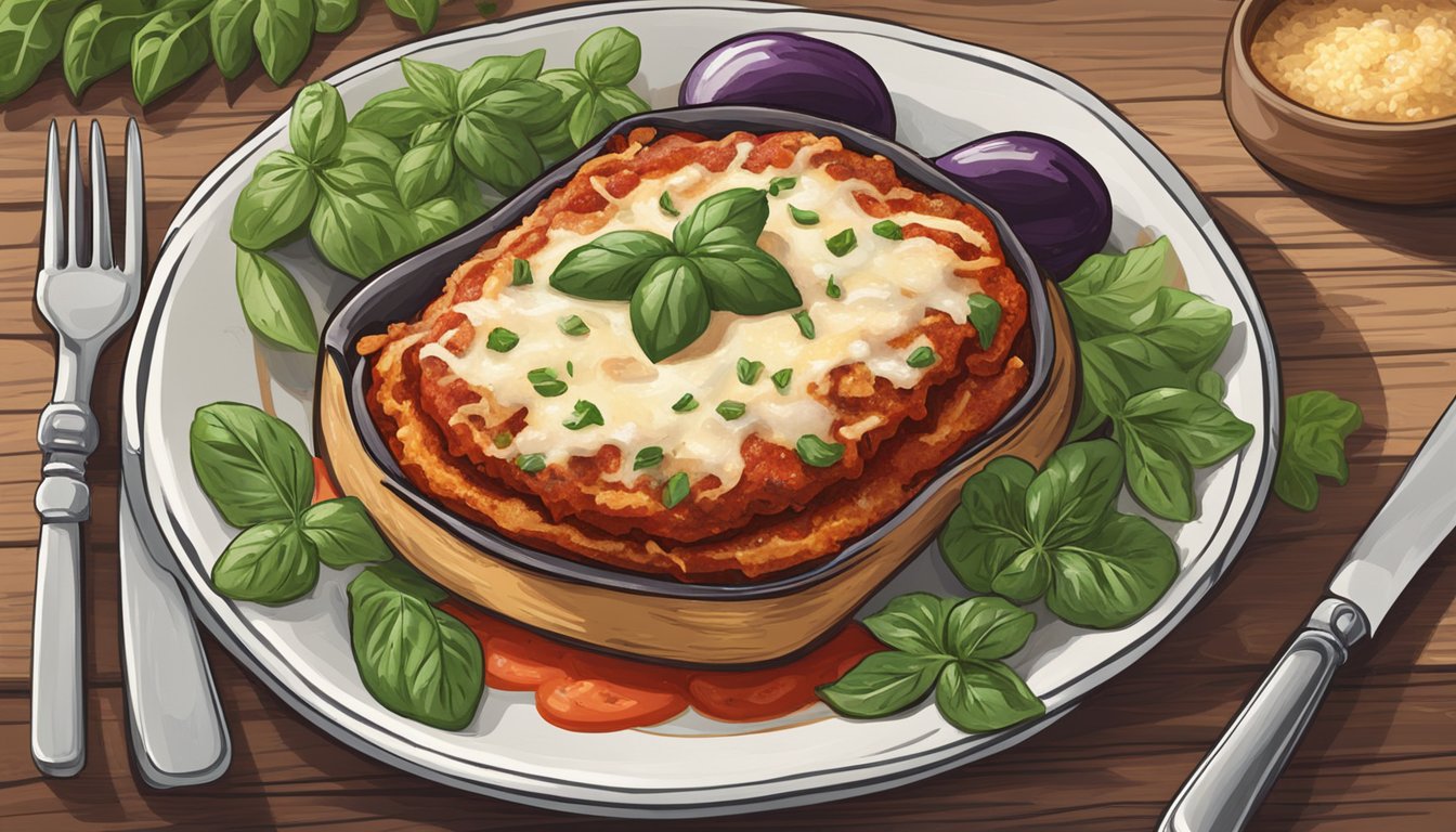 A plate of Aldi's Specially Selected Eggplant Parmesan sits on a rustic wooden table, surrounded by fresh herbs and a sprinkle of parmesan cheese