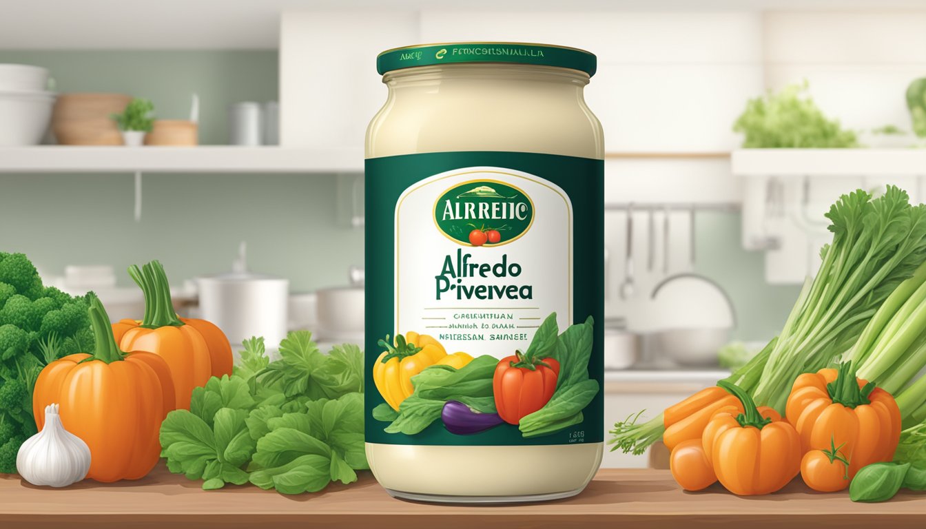 A jar of Alfredo primavera sauce sits on a kitchen shelf, surrounded by fresh vegetables and herbs. The label indicates a long shelf life