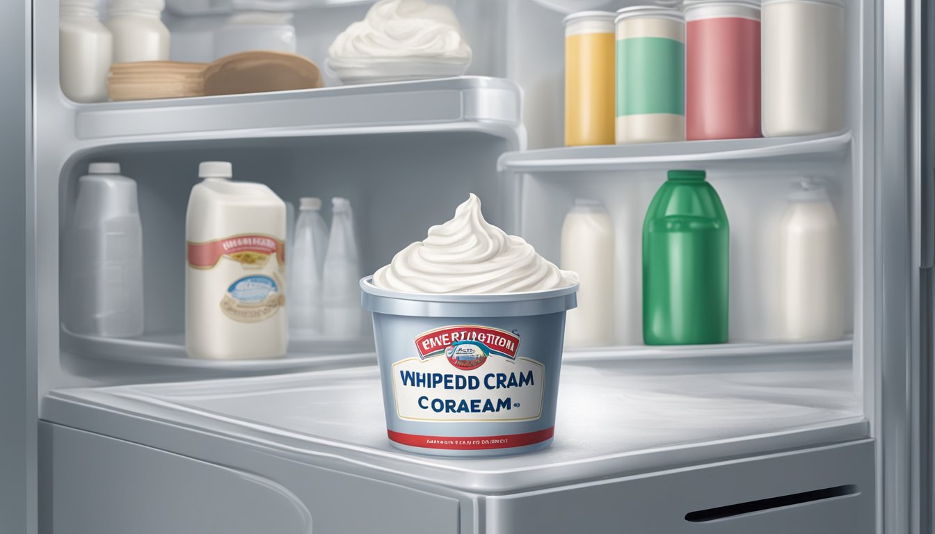 A tub of whipped cream sits in a refrigerator, with a label indicating the expiration date. A few days past the date, the cream starts to separate and develop a sour odor