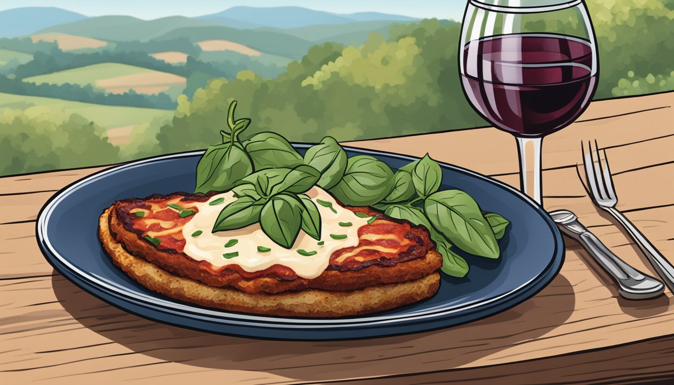 A plate of Aldi's Specially Selected Eggplant Parmesan sits on a rustic wooden table, accompanied by a glass of red wine and a sprig of fresh basil