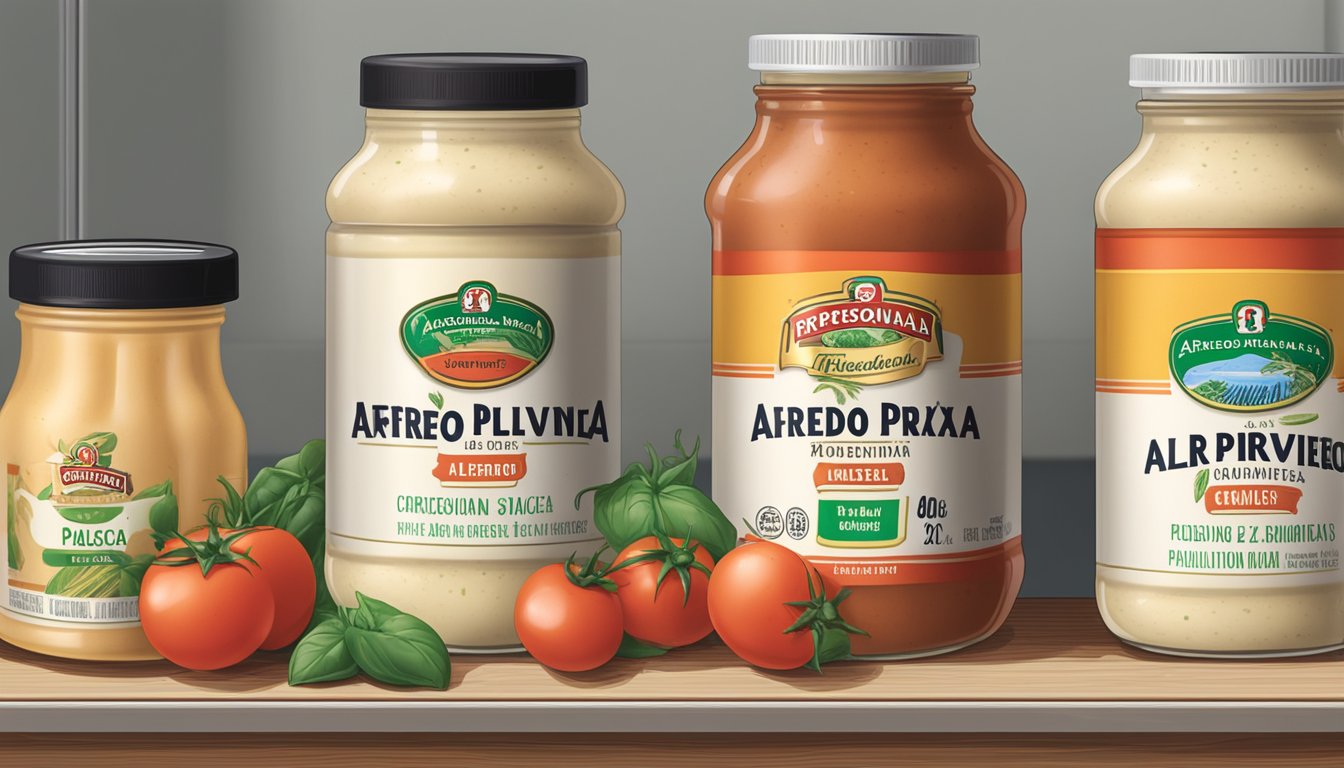 A jar of alfredo primavera sauce sits on a pantry shelf beside a can of diced tomatoes and a box of pasta. The expiration date is visible on the label