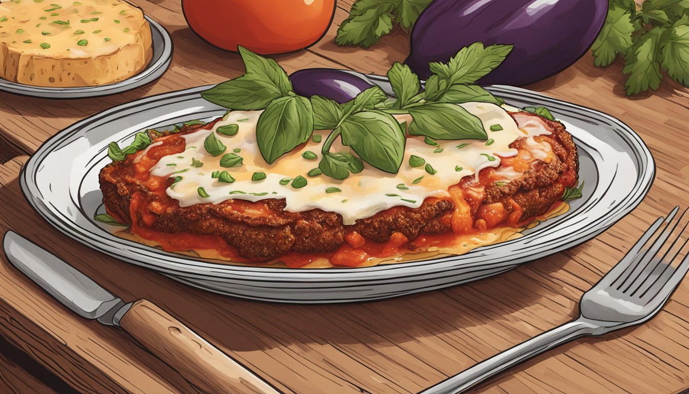 A plate of Aldi's specially selected eggplant parmesan sits on a wooden table, surrounded by herbs and spices. The dish is covered in a rich tomato sauce and melted cheese, ready to be enjoyed