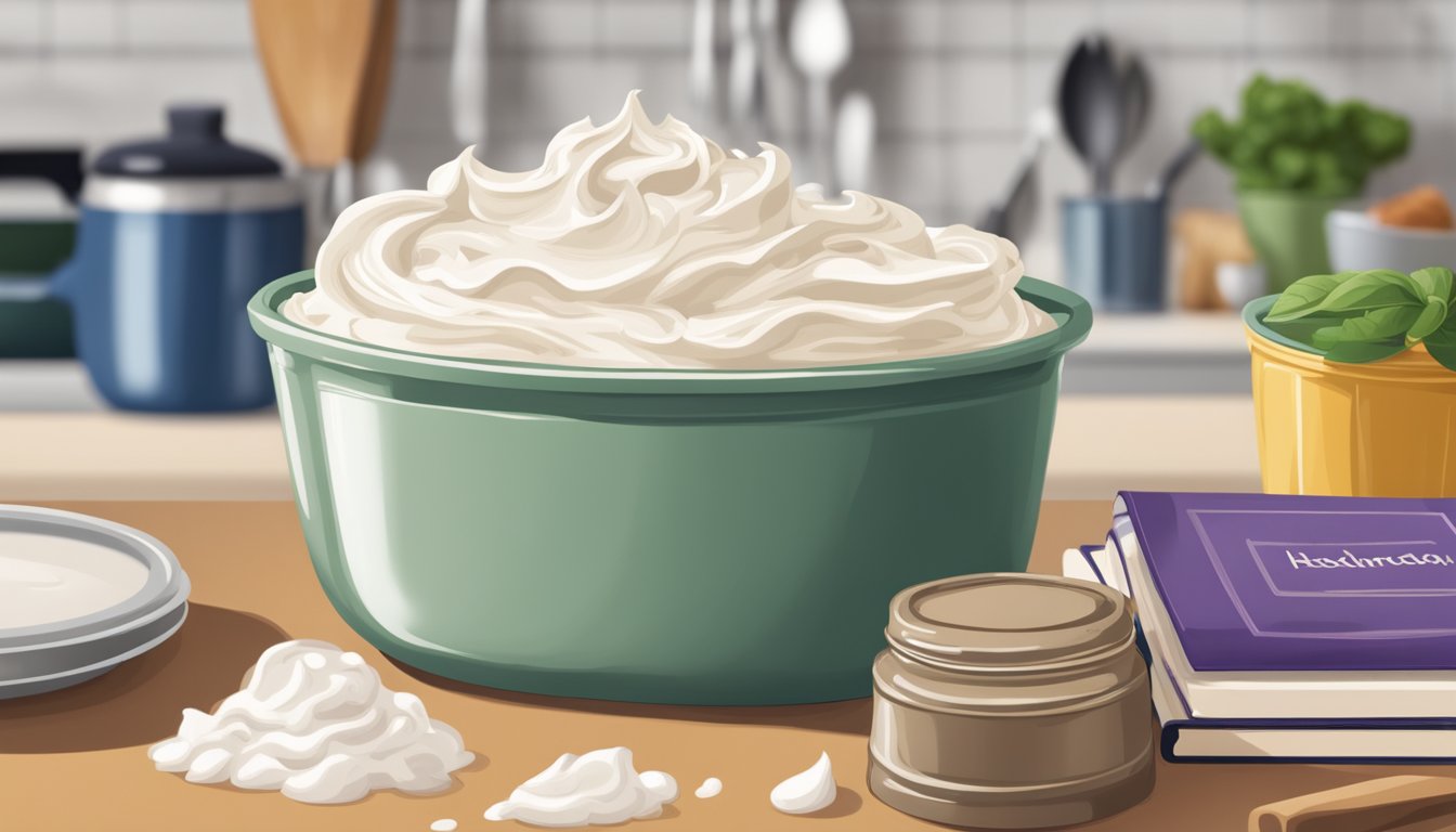 A tub of whipped cream sits on a kitchen counter, surrounded by ingredients and recipe books. The lid is slightly ajar, hinting at recent use