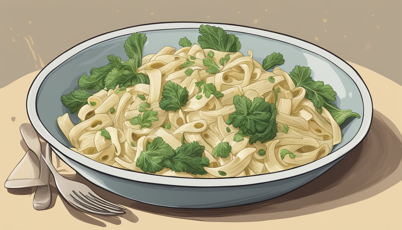 A bowl of alfredo primavera sits on a kitchen counter, surrounded by wilted vegetables and a sour smell