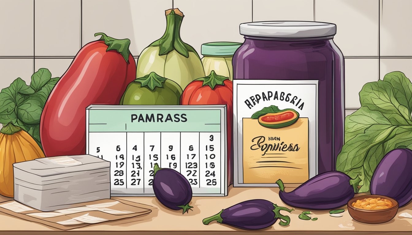 A colorful eggplant parmesan package sits on a kitchen counter, surrounded by fresh ingredients and a calendar showing the expiration date