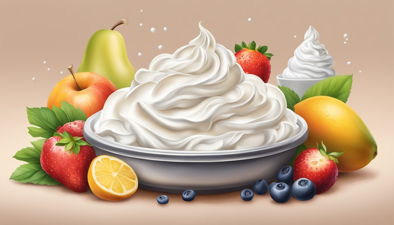 A tub of whipped cream sits on a kitchen countertop, surrounded by fresh fruits and a dollop of cream on a spoon