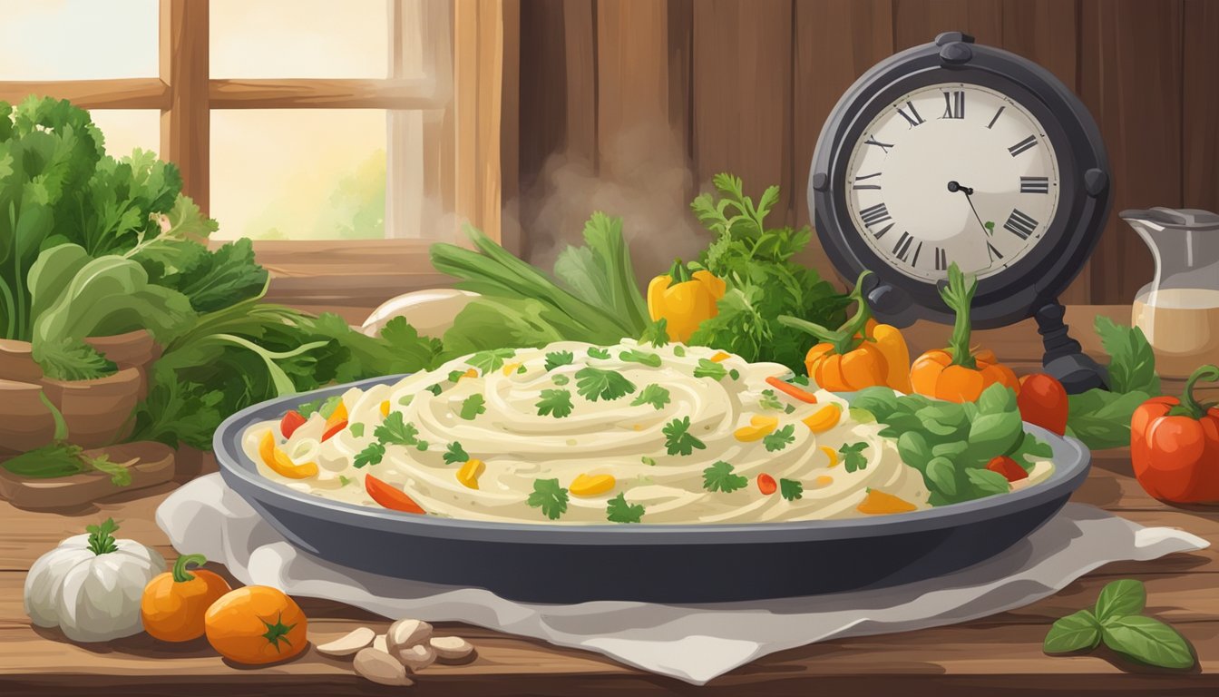 A steaming plate of alfredo primavera sits on a rustic wooden table, surrounded by colorful vegetables and herbs. A clock on the wall indicates the passage of time