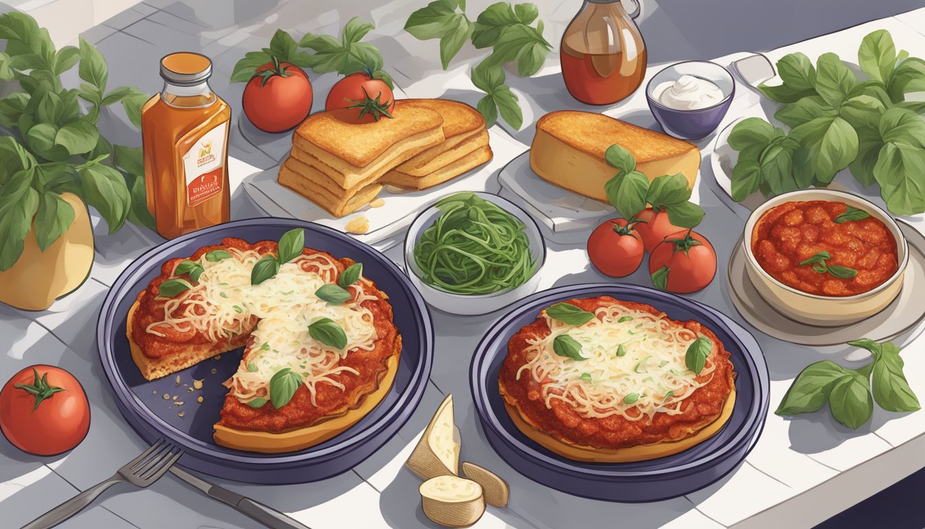 A table with a freshly baked eggplant parmesan from Aldi, surrounded by various other products to consider