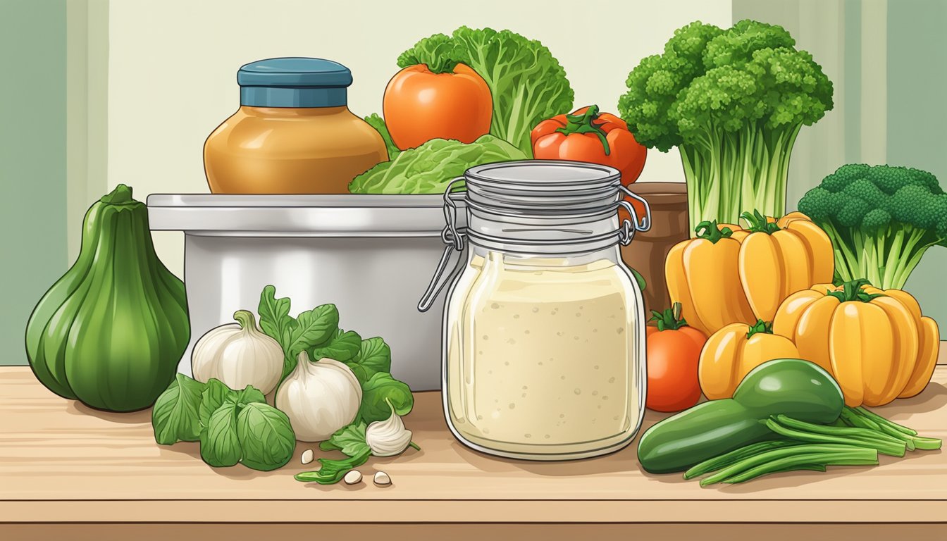 A jar of alfredo primavera sauce sits on a kitchen counter, surrounded by colorful fresh vegetables and a pot of boiling water