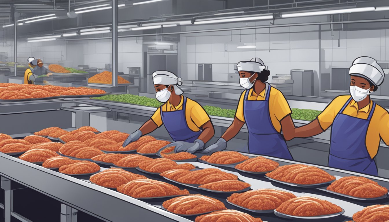 A conveyor belt moves packaged Aldi's specially selected eggplant parmesan through a factory with workers in hairnets and gloves