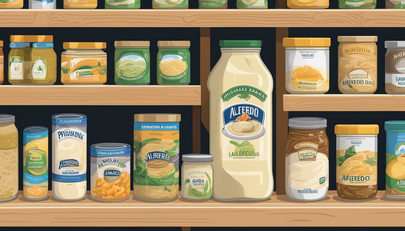 A jar of alfredo primavera sauce sits on a pantry shelf next to a variety of canned and dried goods. The label on the jar indicates the expiration date