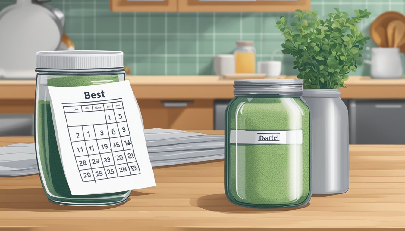 A jar of alfalfa powder sits on a kitchen counter, next to a calendar showing the current date. The jar is half empty, with a "best by" date printed on the label