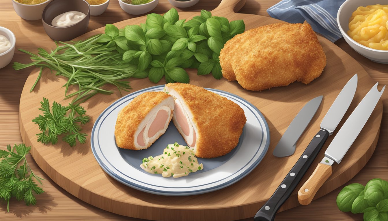 A plate of Aldi's specially selected chicken cordon bleu sits on a wooden cutting board, surrounded by fresh herbs and cooking utensils