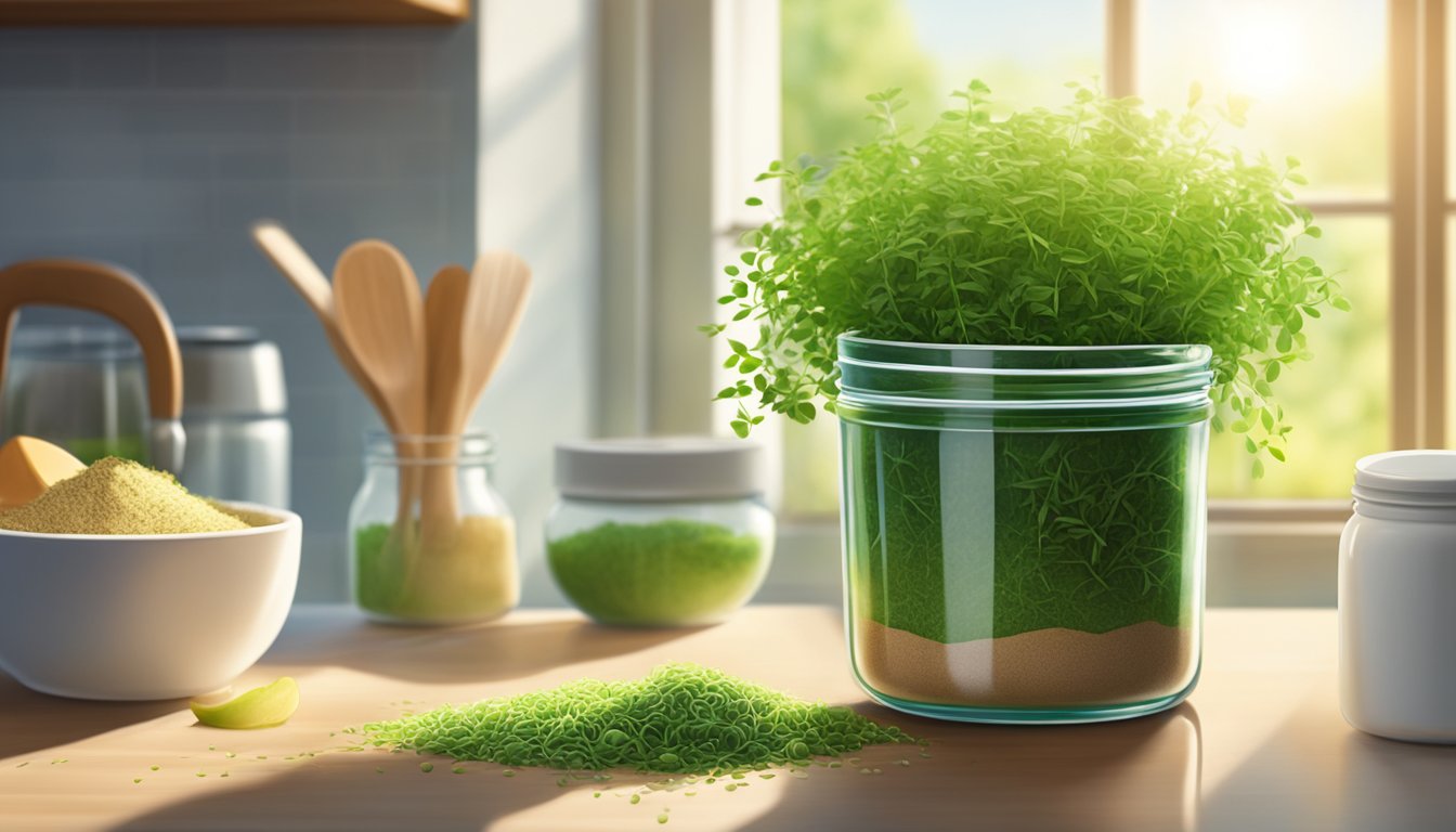 A jar of alfalfa powder sits on a kitchen counter, surrounded by fresh green alfalfa sprouts and a scoop. Sunlight streams through the window, casting a warm glow on the scene