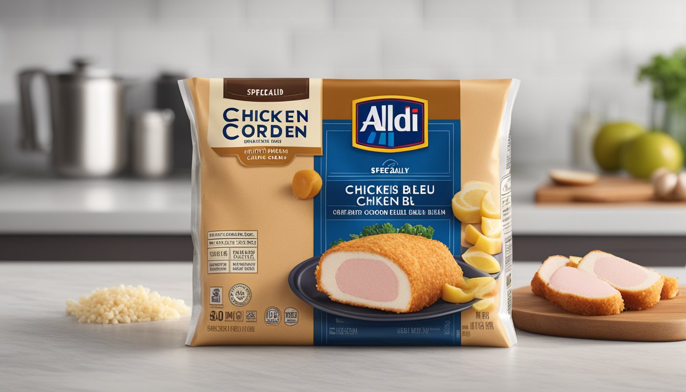 A package of Aldi's specially selected chicken cordon bleu sits on a kitchen counter, with a clear expiration date visible