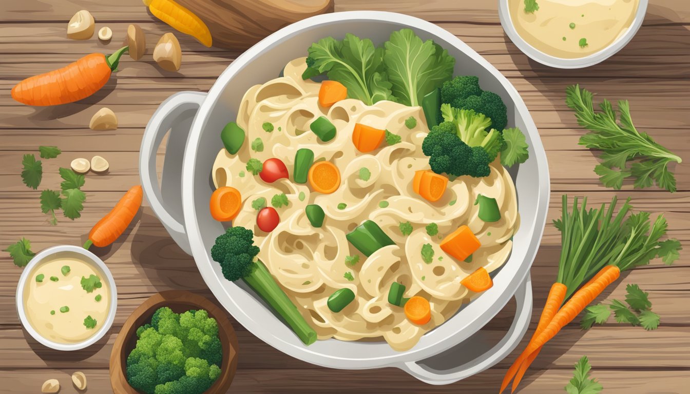 A steaming bowl of Alfredo vegetable medley sits on a rustic wooden table, surrounded by colorful, freshly chopped vegetables and a creamy sauce