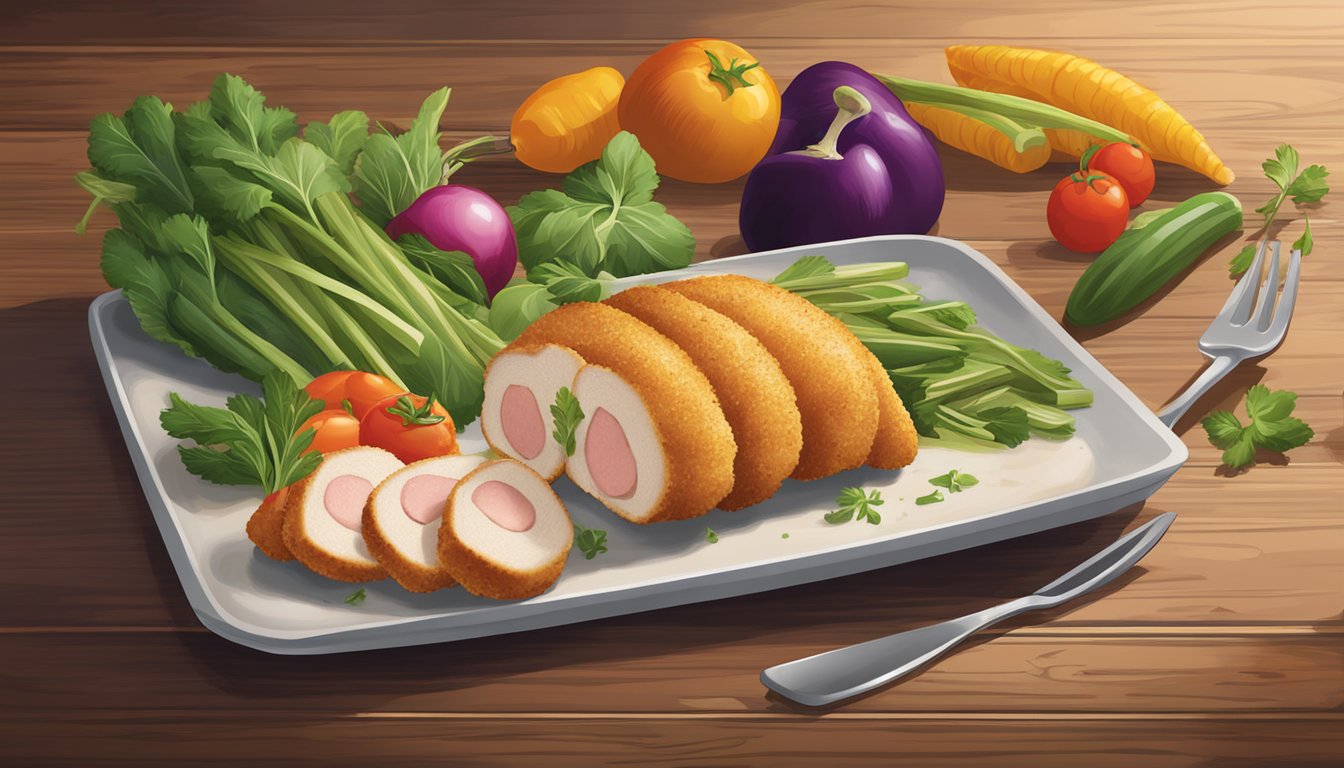 A platter of Aldi's specially selected chicken cordon bleu sits on a rustic wooden table, surrounded by fresh herbs and colorful vegetables