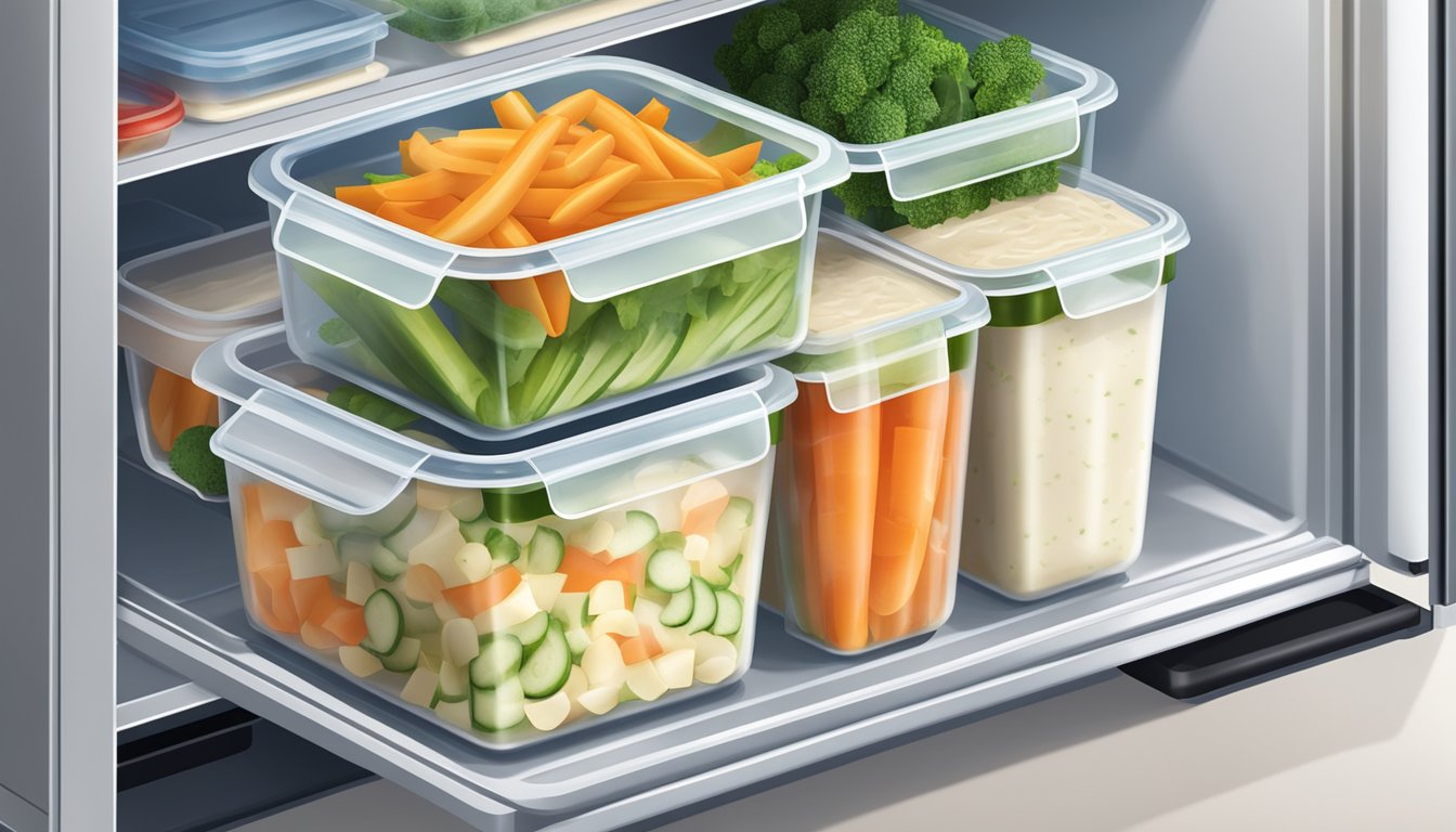 Airtight containers filled with fresh vegetables and creamy alfredo sauce, stored in a refrigerator