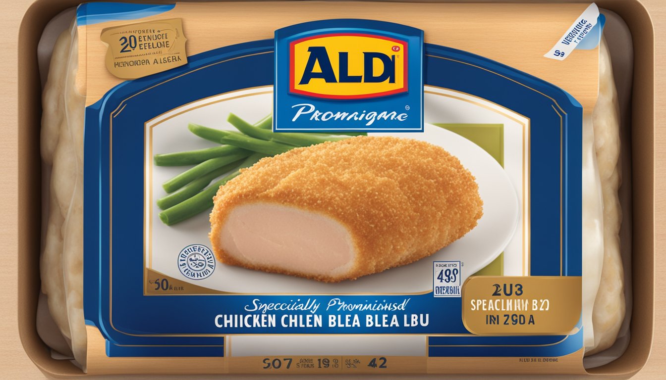 A package of Aldi's specially selected chicken cordon bleu with a "use by" date prominently displayed on the label