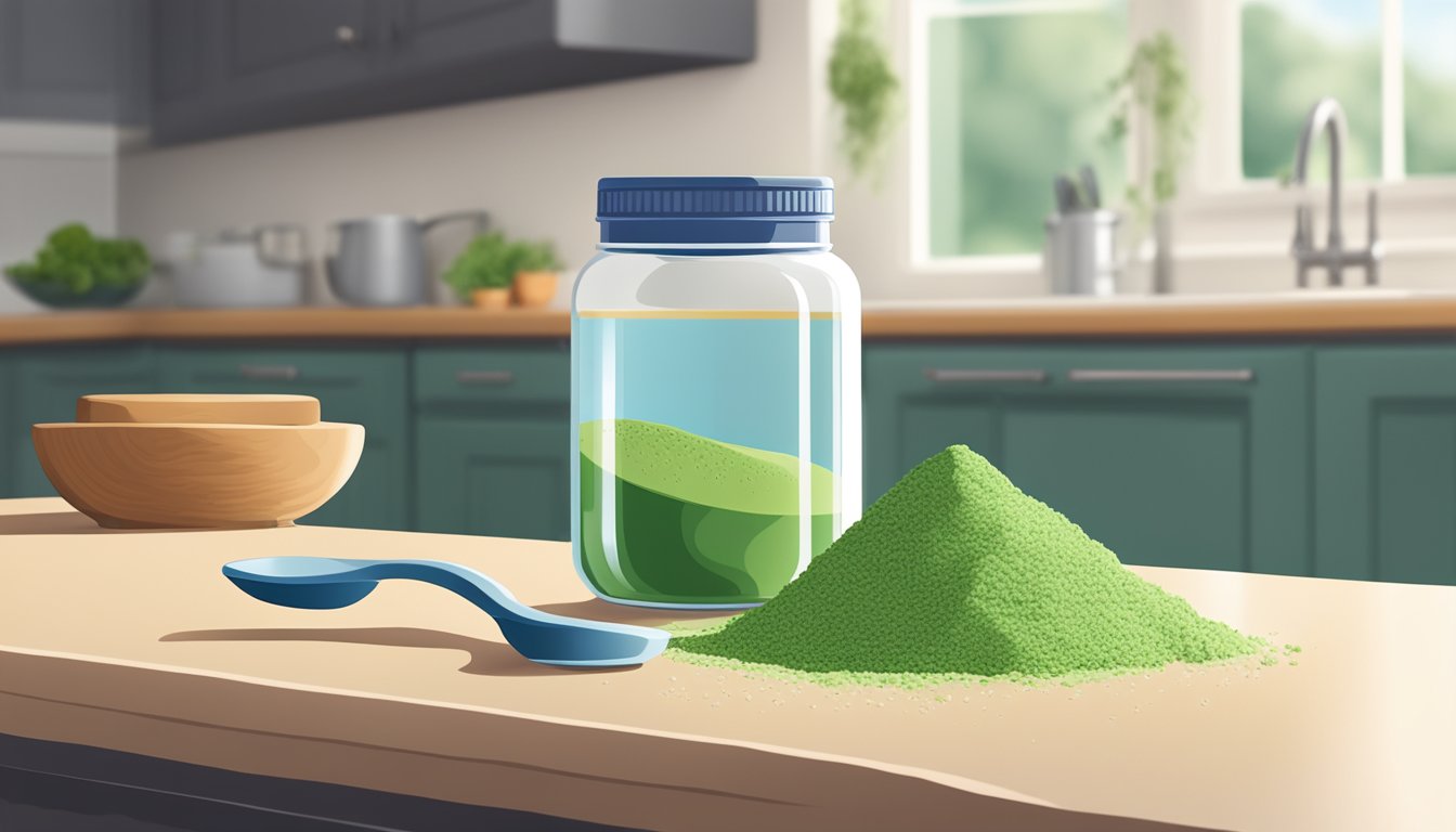 A small jar of alfalfa powder sits on a clean, well-lit kitchen counter, next to a measuring spoon and a glass of water